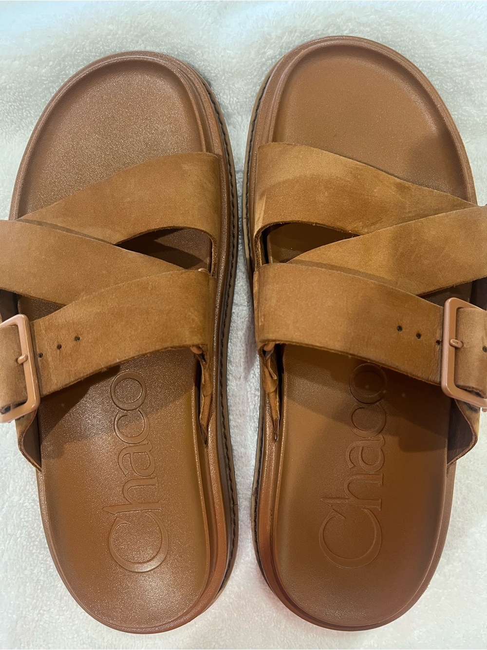 Chaco Tan Suede Crossband Slide Sandals - Picture 3 of 7